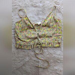 Loveshackfancy Pointelle Ruffle Floral Crop Top with Adjustable Front Lace Up